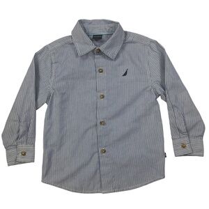 Nautica Toddler Boys Blue White Pin Striped Button Front Shirt | Size 3T